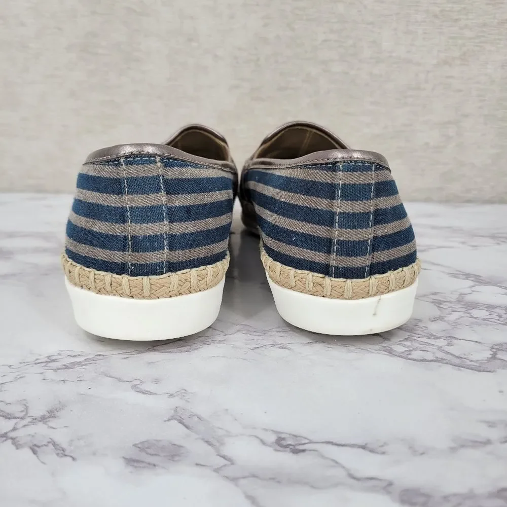 Anne Klein Stripe Blue Canvas Espadrilles with Bee Beaded Embroidery Flats Shoes